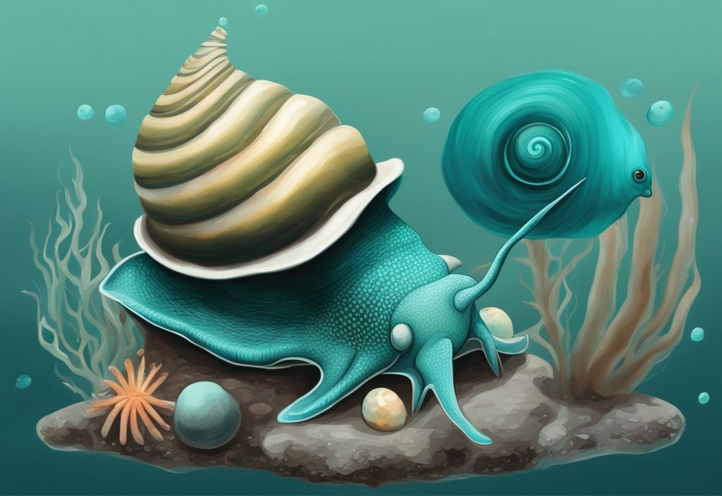 Modern digital painting of teal-themed aquarium snails reproducing with visible egg cluster.