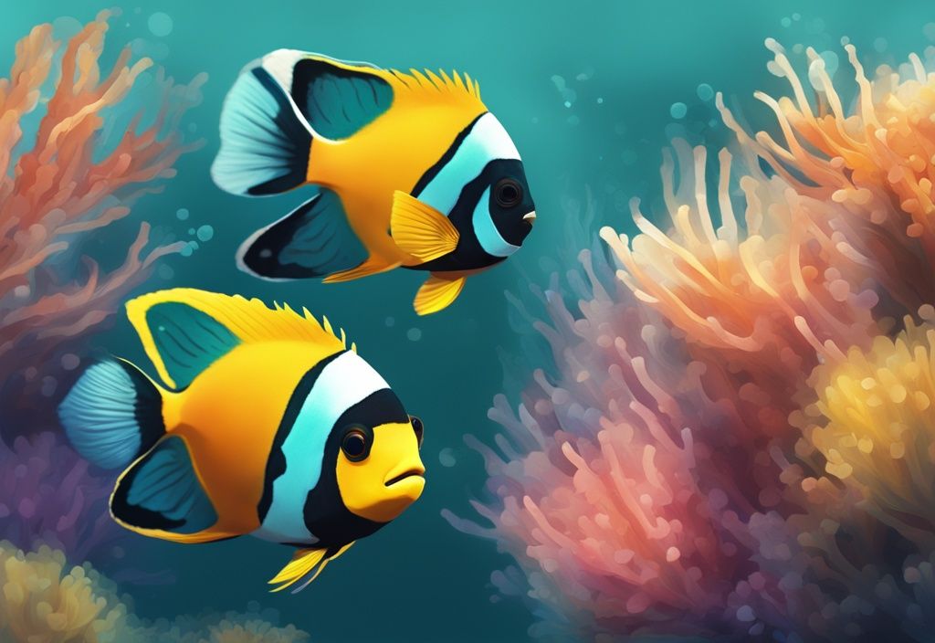 Modern digital painting of a beginner's saltwater aquarium with clownfish and yellow tangs, featuring teal color theme, ideal saltwater aquarium fish for beginners.