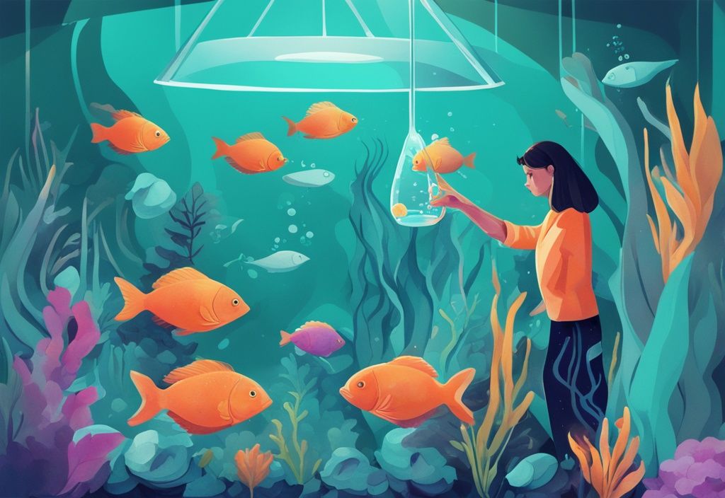 Modern digital painting of a person adding a water softening solution to a vibrant aquarium with various fish and plants, illustrating how to soften aquarium water.