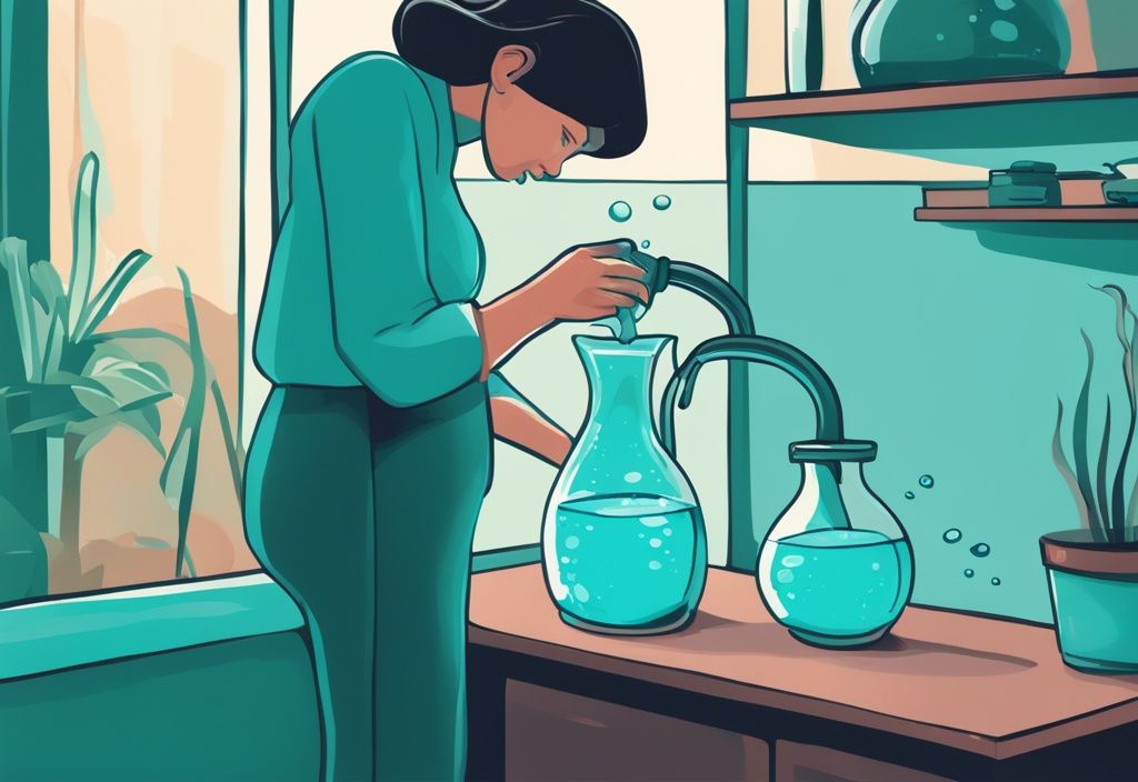 Illustration of how to change water in fish tank, showing a person using a siphon and pitcher to refresh aquarium water in a teal-themed digital painting.