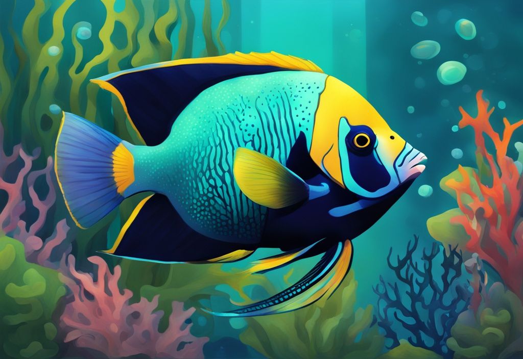 Modern digital painting of an underwater scene showcasing an Angel fish with tank mates in a teal-themed, beautifully landscaped aquarium.