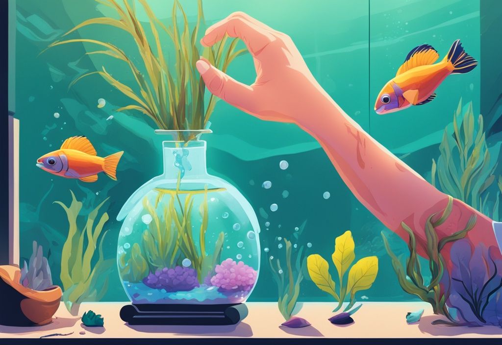 Modern digital painting of gloved hands demonstrating how to clean aquarium sand with a siphon in a vibrant, plant-filled aquarium with colorful fish.