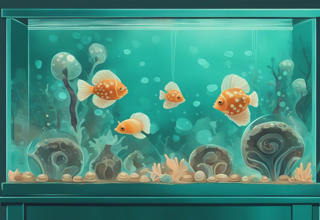 Modern digital painting of a fish tank with teal theme, showcasing swimming aquatic life and baby snails on glass walls and ornaments.