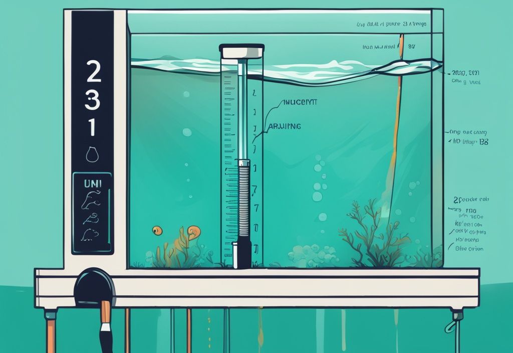 Digital painting of a hand-held pH meter in aquarium water illustrating how to raise pH in aquarium with teal color theme.