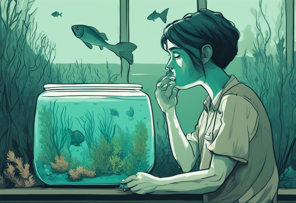 Digital painting of a person holding nose in disgust at dirty fish tank with algae and unhappy fish, teal color theme.