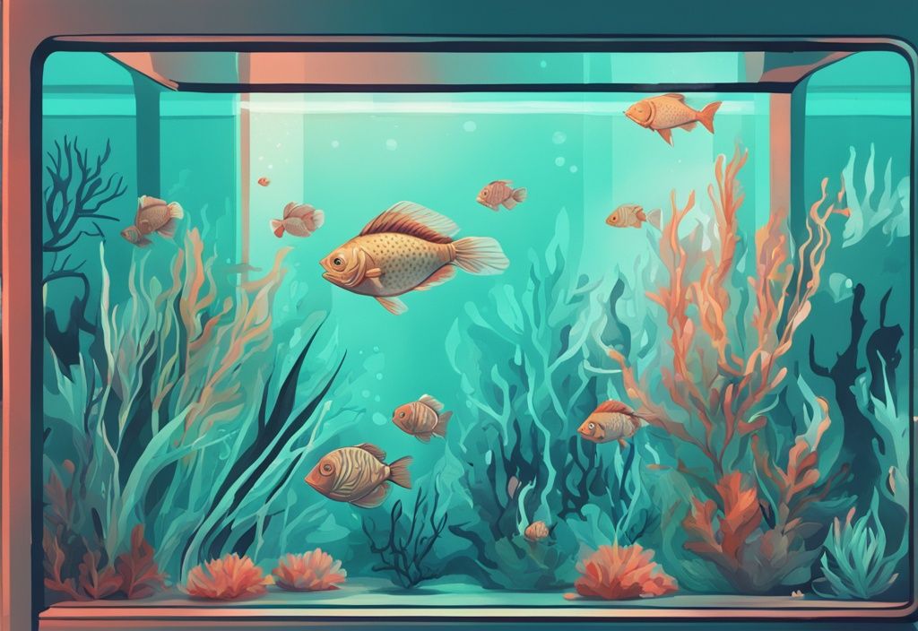 Modern digital painting of a vibrant teal-themed underwater fish tank with various fish and optimal aquarium plants.