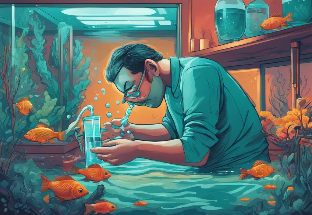 Modern digital painting of a person testing water and adding conditioners in a teal-themed fish tank to reduce nitrite levels.