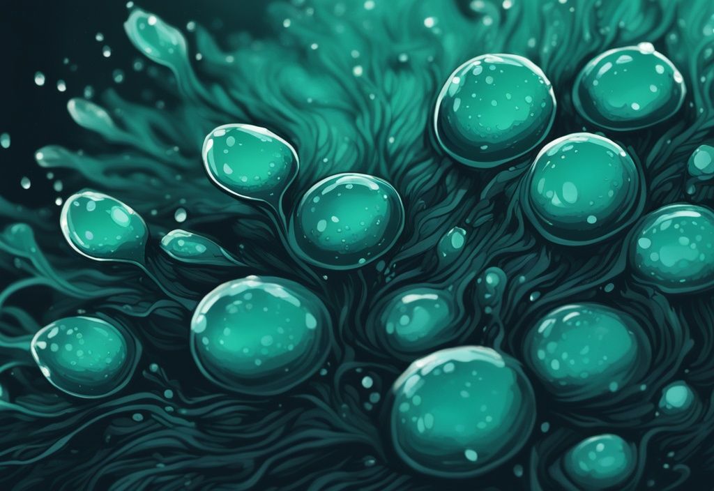 Close-up view of water droplets on black beard algae with teal color theme in digital painting illustration.