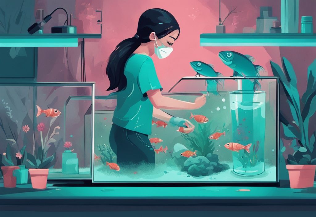 Digital painting of fish tank cycling process with teal theme, featuring person using testing kits and bacteria starter.