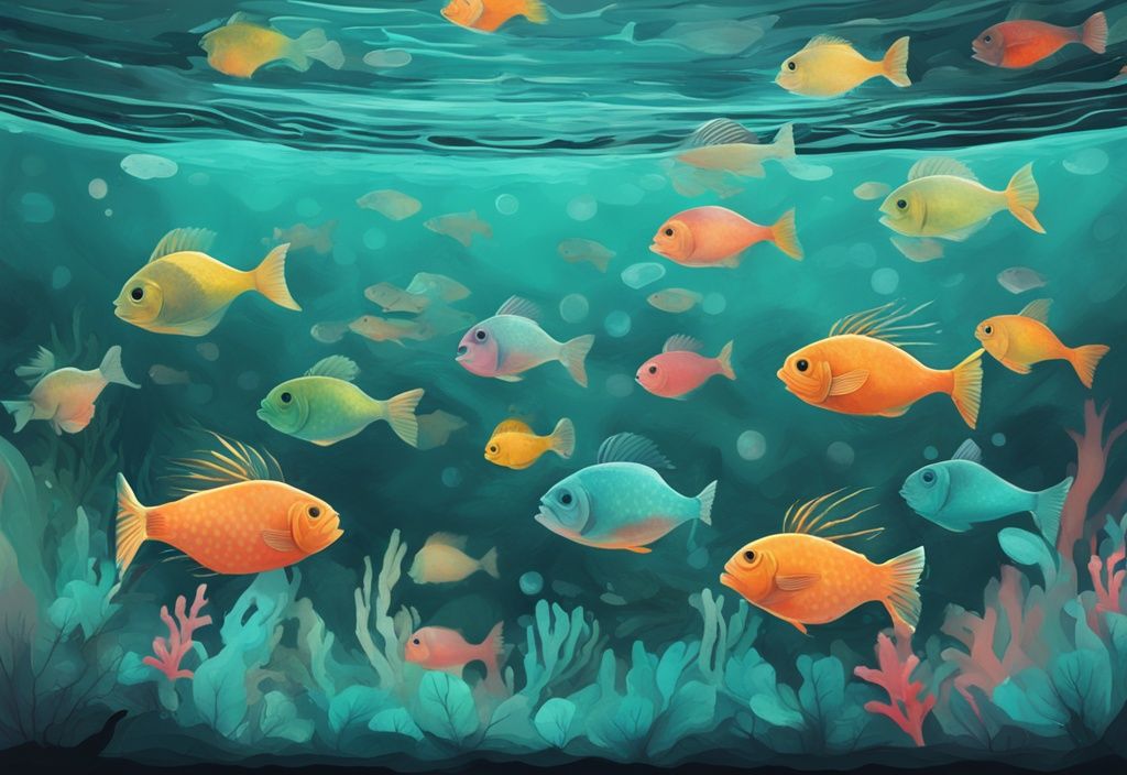 Modern digital painting of colorful fish swimming in a transparent 20-gallon tank, teal theme.