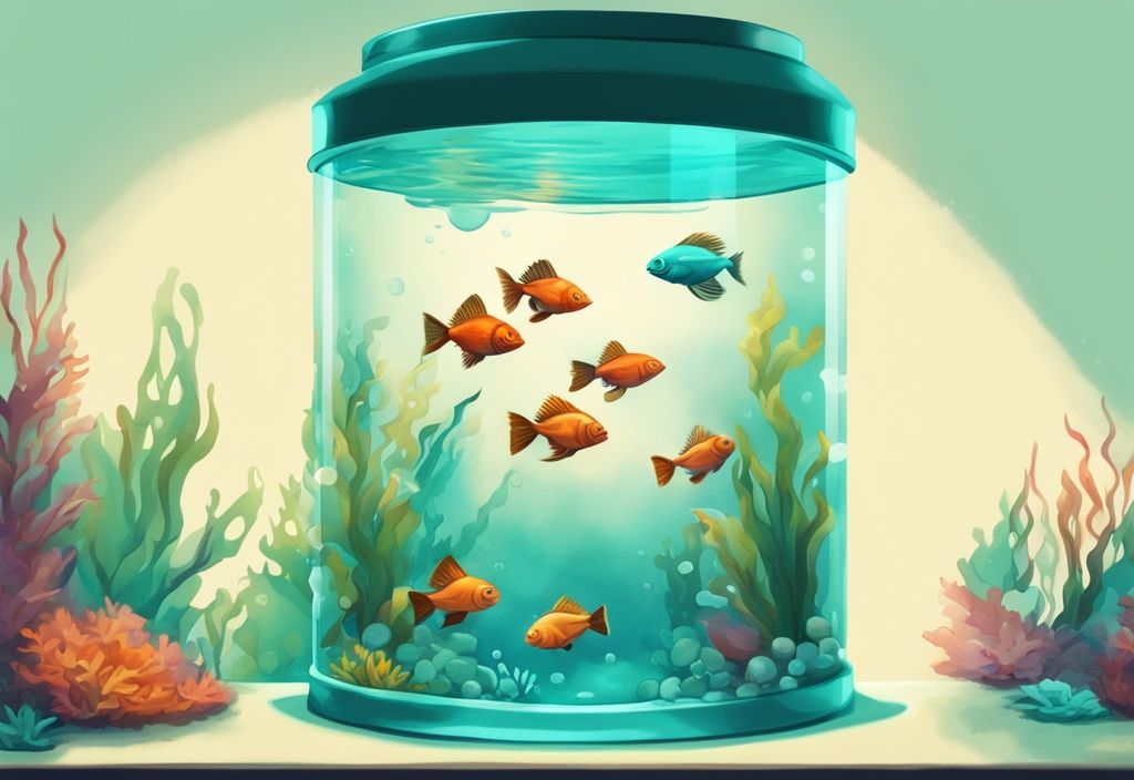 Modern digital painting of a 5 gallon tank with colorful animated fish, showcasing how many fish in a 5 gallon tank, featuring clear water and visible tank accessories.