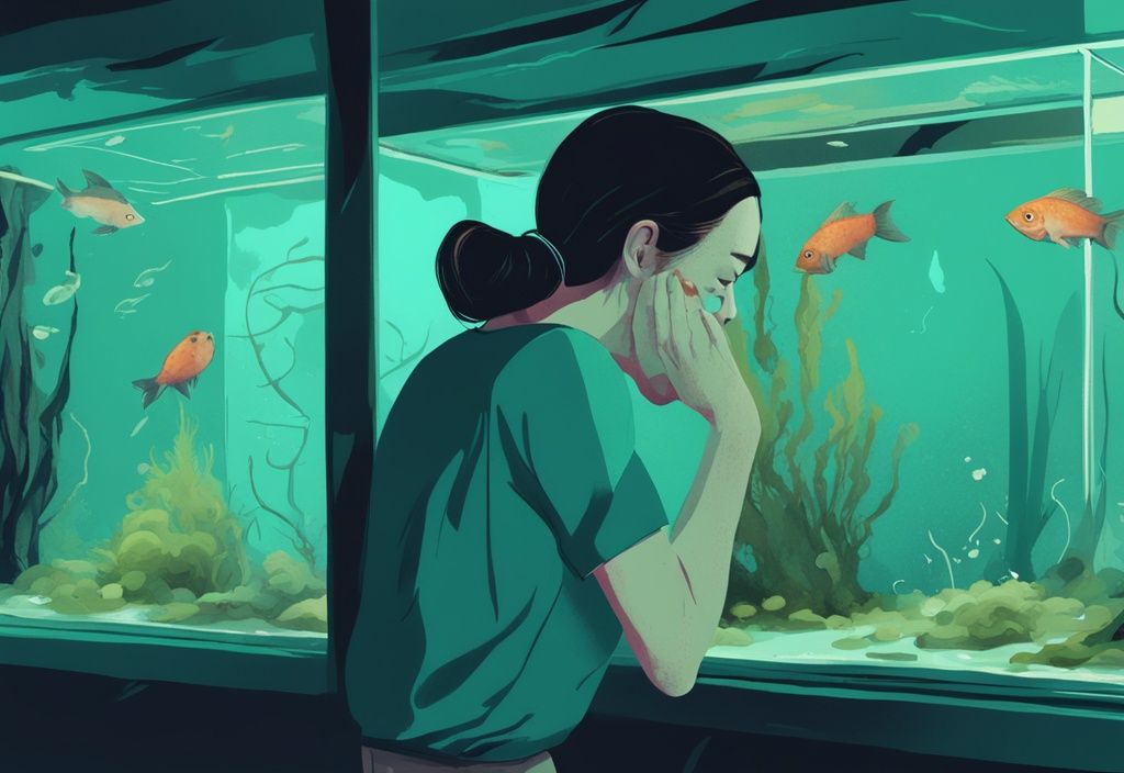 Modern digital painting of a person holding their nose in disgust at a dirty fish tank with overgrown algae and unhappy fish, teal color theme.