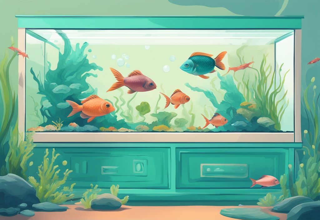 Modern digital painting of vibrant aquatic fish, featuring best tank cleaning fish, efficiently cleaning a clear, algae-filled fish tank with a teal color theme.