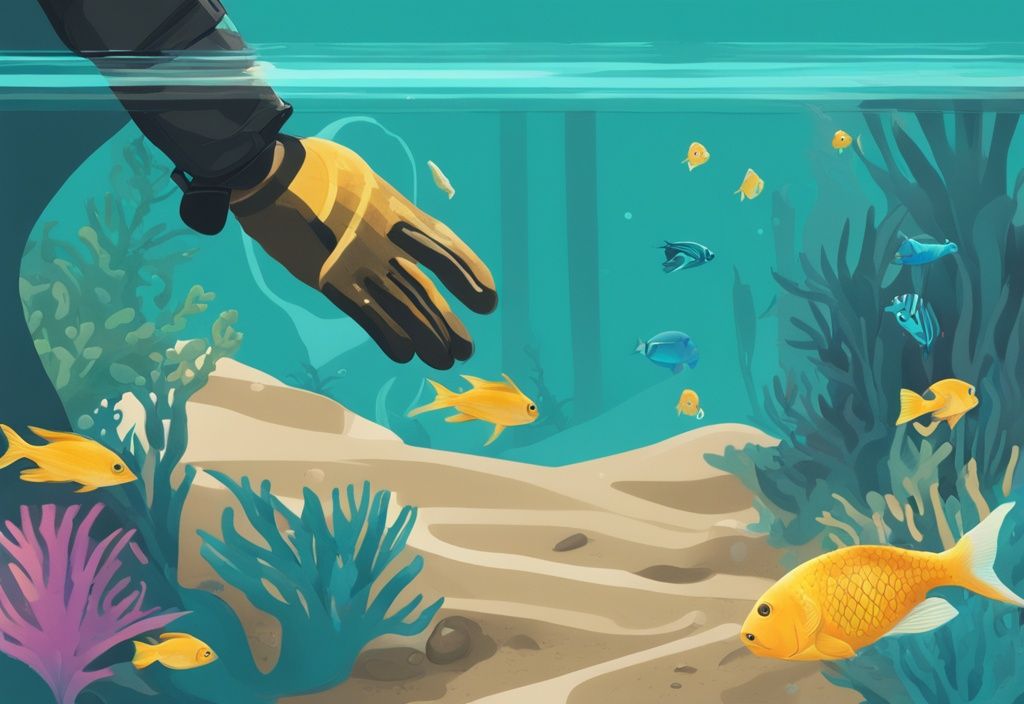 Teal-themed digital painting of a gloved hand using a siphon to clean sand in a brightly lit aquarium with tropical fish.