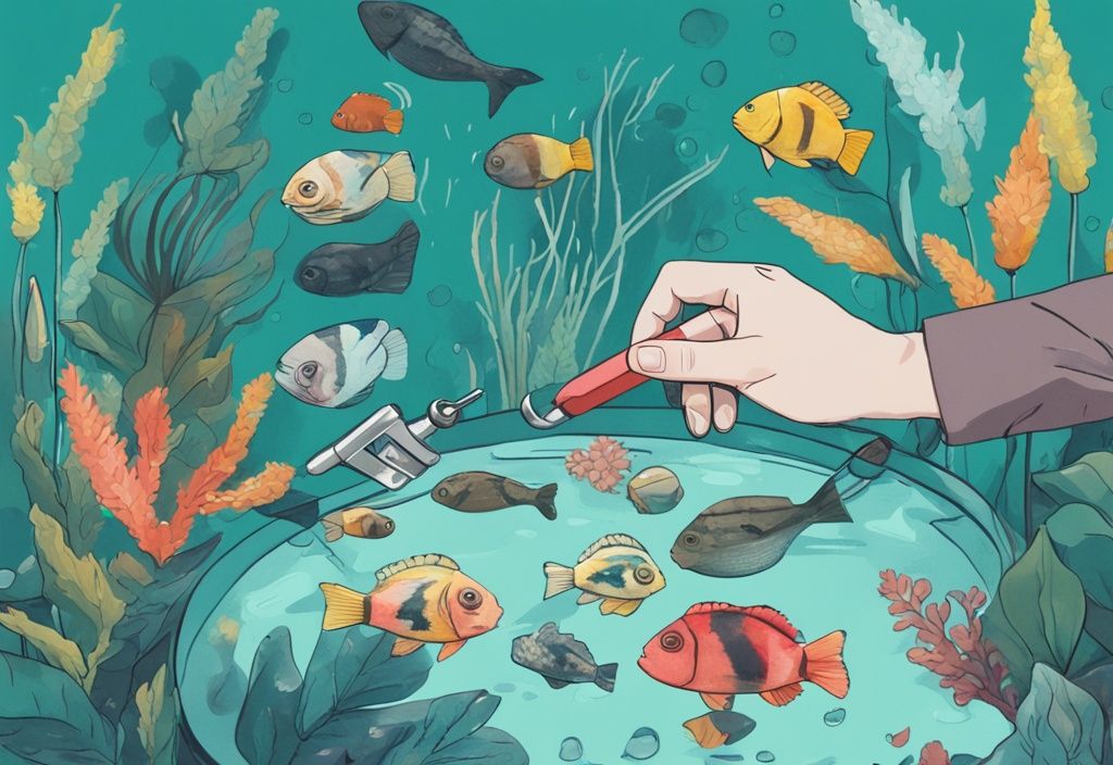 Illustration of a hand using a tool to remove snails from an aquarium with colorful fish and plants, demonstrating how to get rid of snails in aquarium.