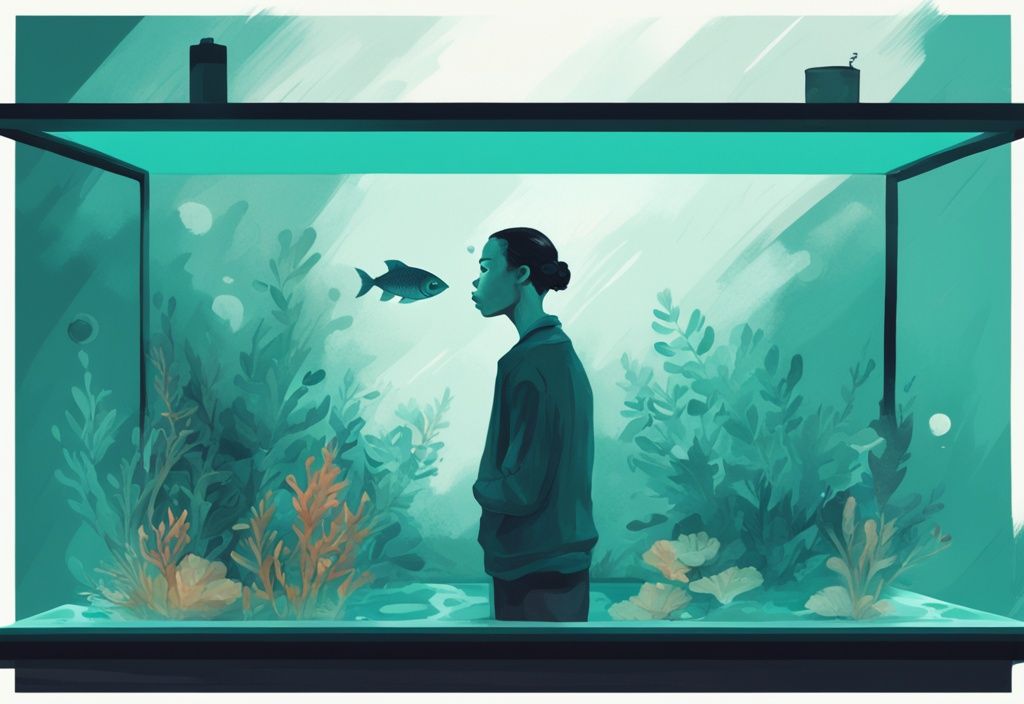 Modern digital painting of a person with a confused expression observing a cloudy fish tank, illustrating the question "why is my fish tank cloudy after 1 day" with a teal color theme.