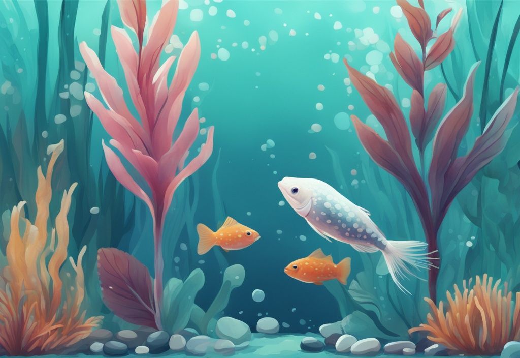 Modern digital painting of a transparent aquarium with tiny white worms, teal color theme, colorful aquatic plants, and pebbles.