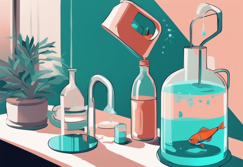 Digital painting of a person pouring distilled water into a fish tank, teal color theme.