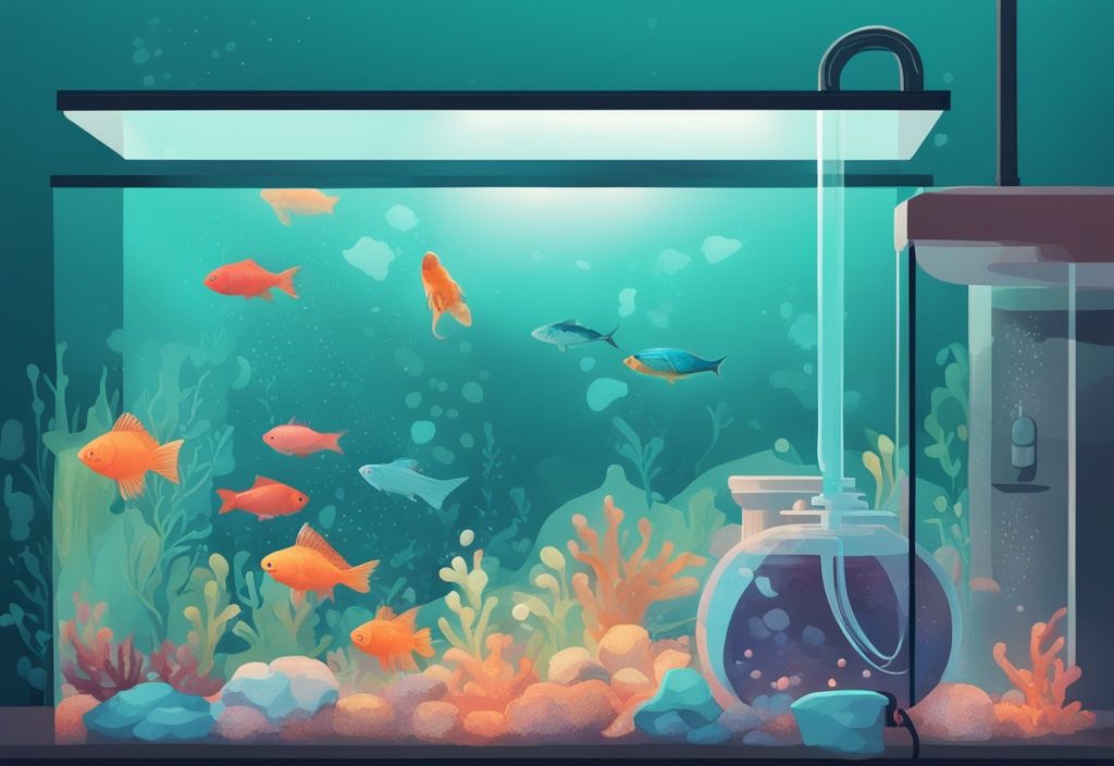 Modern digital painting of a hand using a siphon to demonstrate how to clean aquarium gravel in a brightly lit home aquarium with colorful fish.