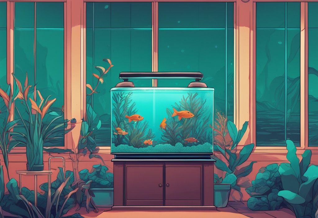 Modern digital painting of teal-themed carbon filters surrounding a vibrant fish tank.