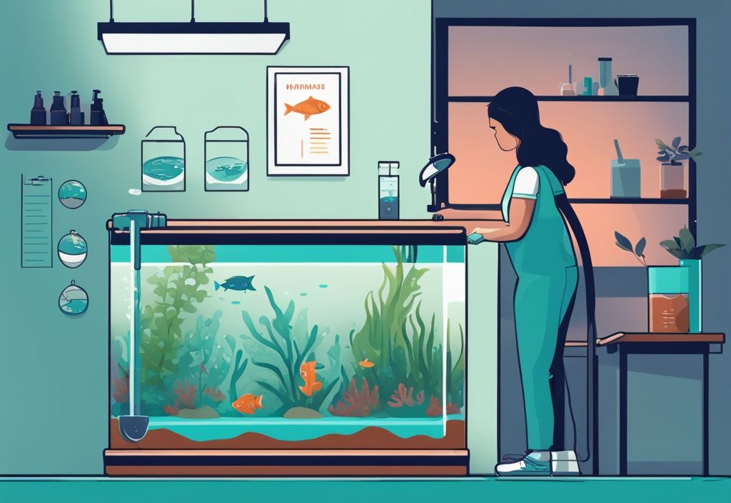 Modern digital painting of an aquarist demonstrating how to lower nitrates in fish tank with infographic elements, featuring a teal-themed fish tank, clear water, and a water testing kit.