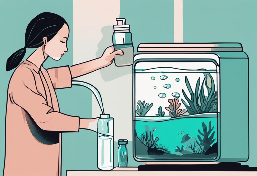 Digital painting of a person pouring distilled water into a fish tank, with a teal color theme.