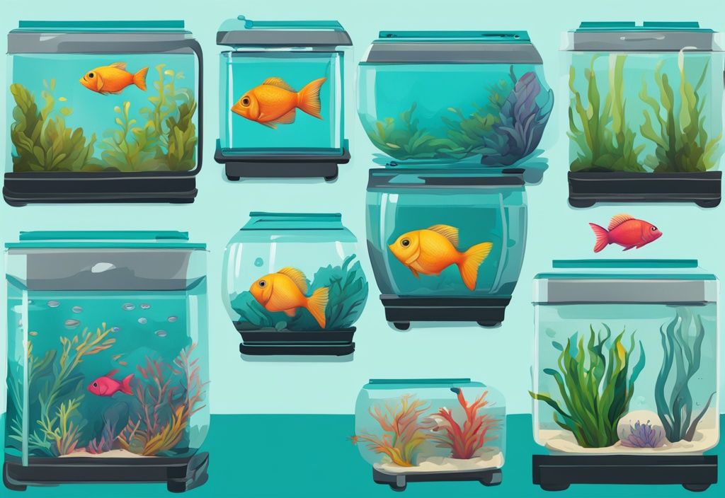 Modern digital painting of 7 best 5 gallon fish tanks in teal theme, showcasing vibrant, colorful fish.