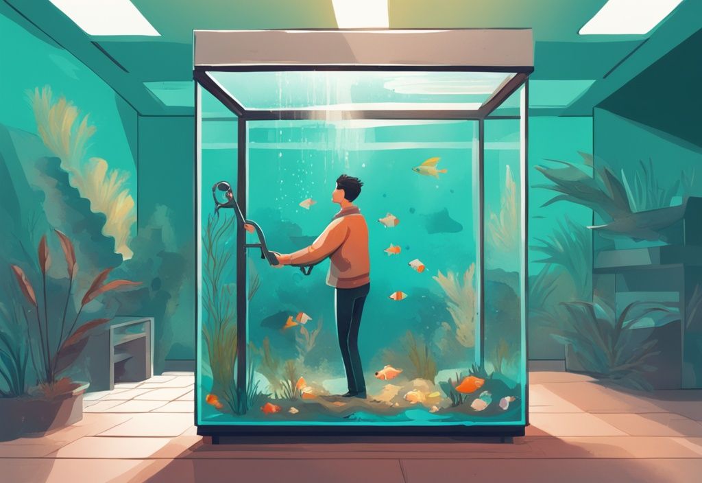 Illustration of a person using specialized equipment to carefully move a full fish tank with fish inside, demonstrating how to move a fish tank without emptying it, in a modern digital painting with a teal color theme.