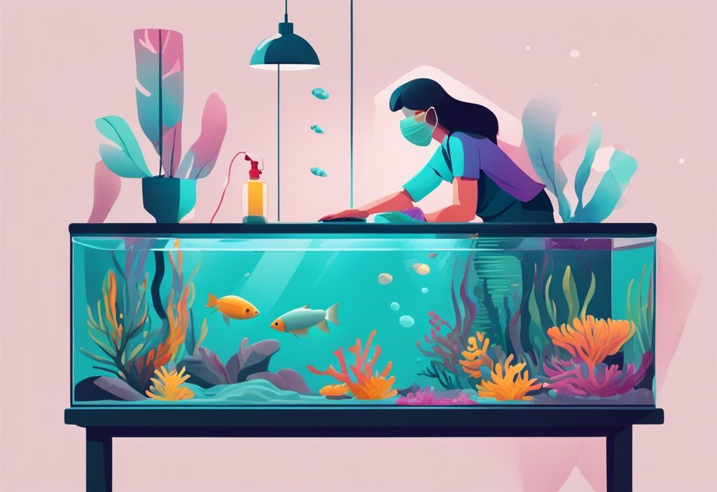 Modern digital painting of a person demonstrating how to clean a fish tank without removing the fish, using a sponge and tube, with colorful fish swimming in a teal-themed aquarium.