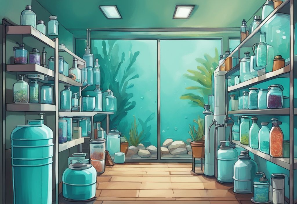 Modern digital painting of teal-themed containers with tap, distilled, and reverse osmosis water alongside a bright fish tank.