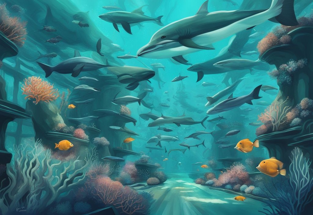 Modern digital painting of Georgia Aquarium's underwater world with teal theme, showcasing diverse marine life, largest aquarium globally.