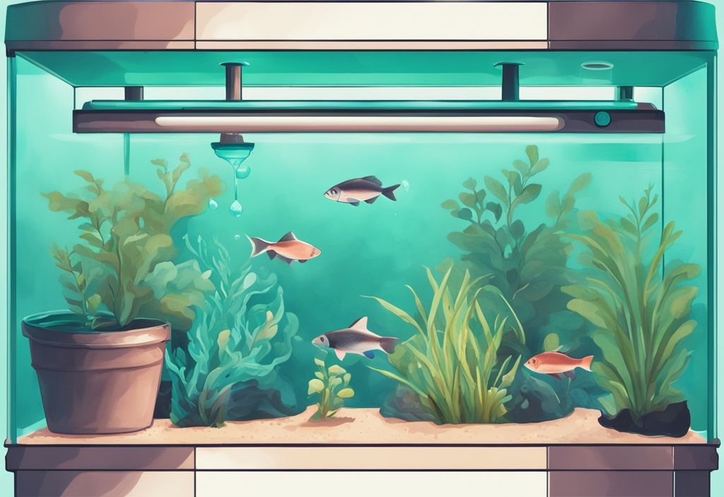 Modern digital painting of a fish tank demonstrating how to lower ammonia in fish tank through water replacement, ammonia removers, and live plants, with a teal color theme.