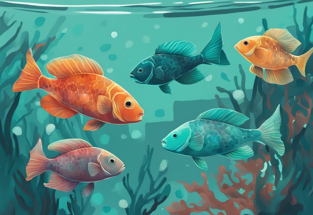 Modern digital painting of colorful fish swimming in a transparent 20-gallon tank with a teal color theme.