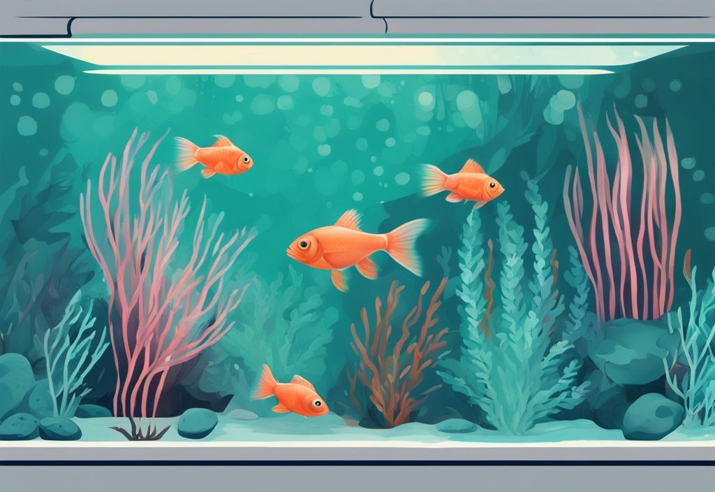 Modern digital painting of small colorful fish swimming in a clear 5-gallon tank with a teal color theme.