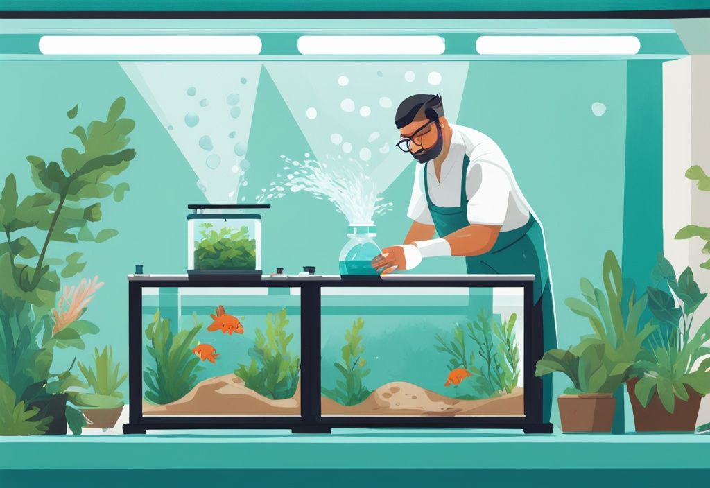 Fish tank owner demonstrating how to lower nitrites in a fish tank by performing a partial water change, using a nitrite test kit, and adding live plants in a modern digital painting illustration with a teal color theme.