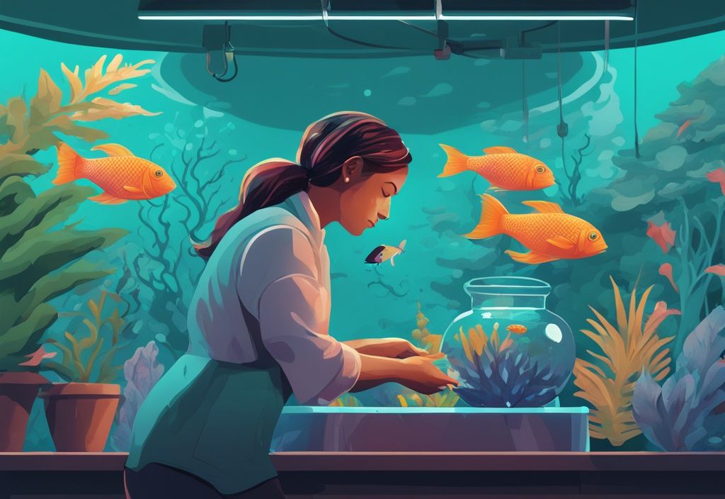 Digital painting of a person adding alkalinity increaser to a teal-themed tropical fish tank