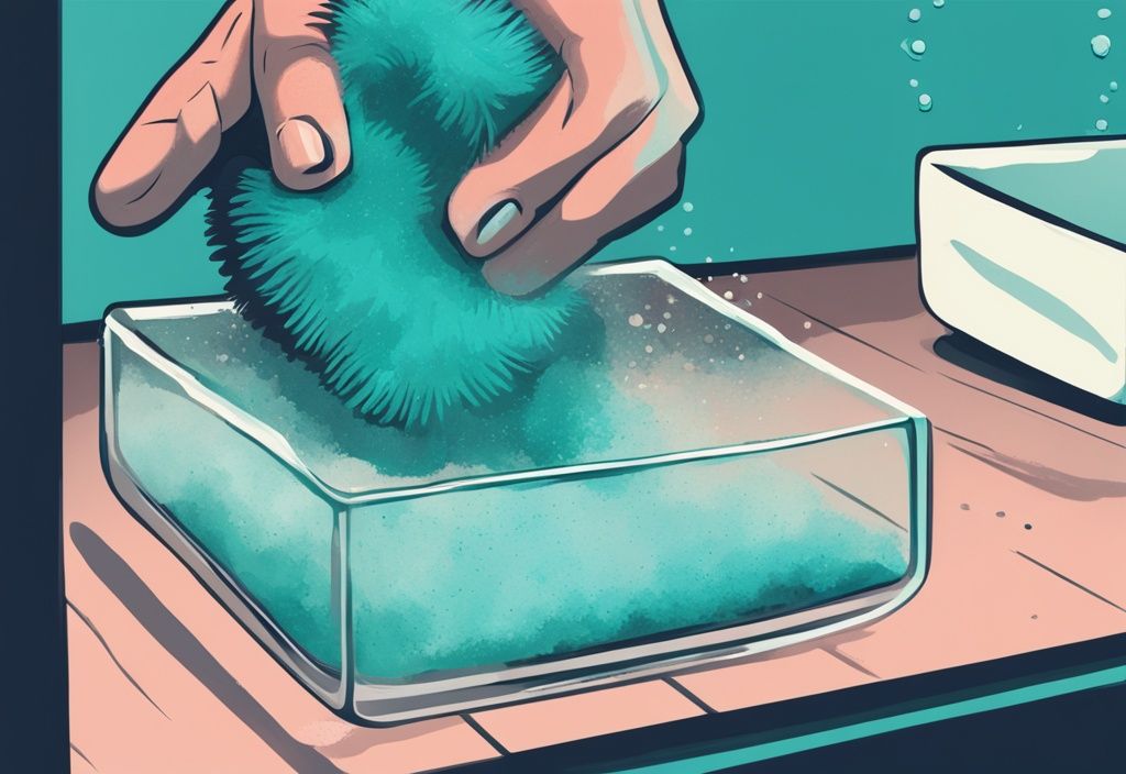 Hand cleaning aquarium glass with scrubber, revealing clear area, teal-themed digital painting illustration.