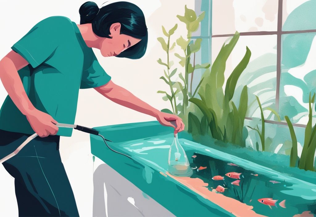 Digital painting of a beginner cleaning a fish tank with teal color theme, using siphon and tools nearby.