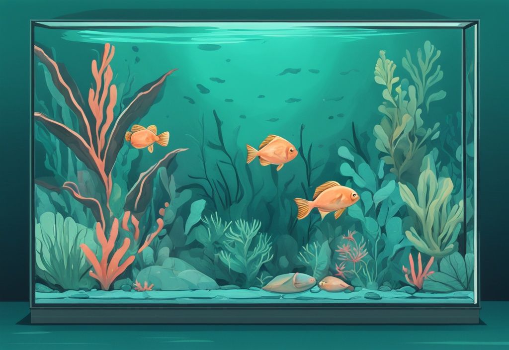 Modern digital painting of a fish tank with teal theme, depicting a lone fish laying at the bottom, surrounded by underwater plants and decor; relevant to query: why is my fish laying at the bottom of the tank.