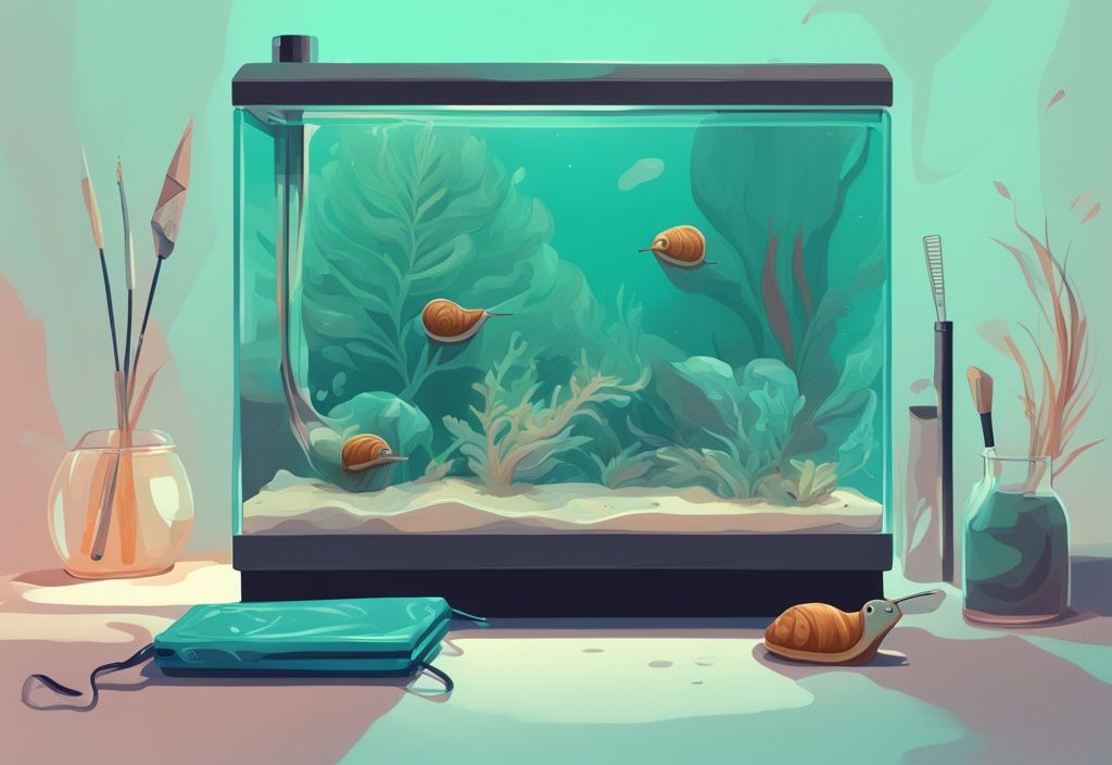 Modern digital painting of a snail-free aquarium in teal tones with cleaning tools visible, highlighting snail removal process.