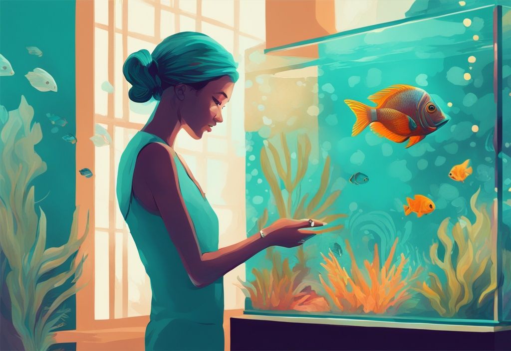 Modern digital painting of a person demonstrating how to lower pH in aquarium, featuring a teal-themed scene with vibrant tropical fish.