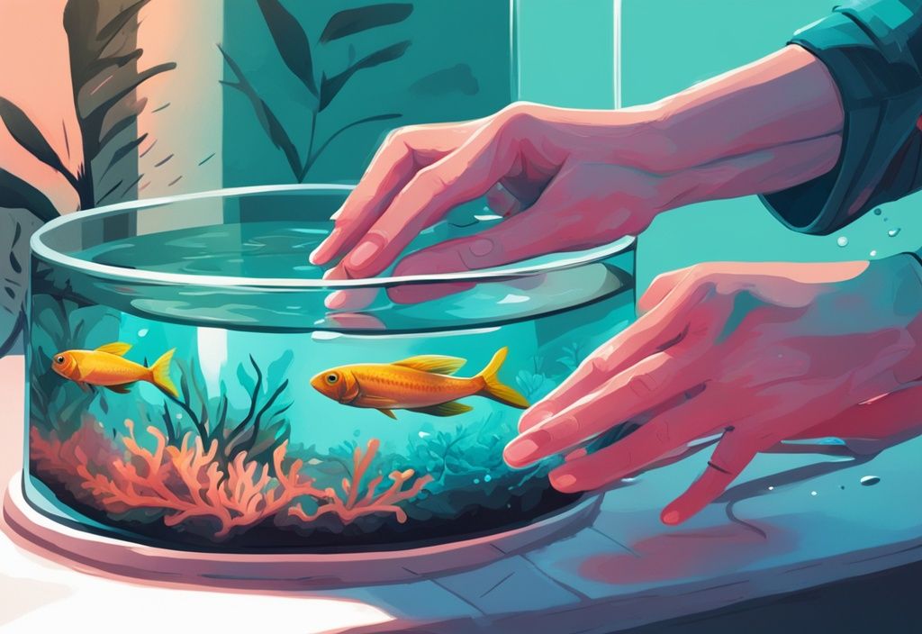 Close-up of hands using a test kit to check water quality in a brightly lit fish tank, digital painting with teal color theme.