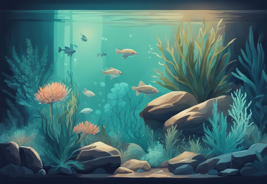 Modern digital painting of an illuminated aquarium with low light aquarium plants, featuring teal colors, rocks, and aquatic creatures.