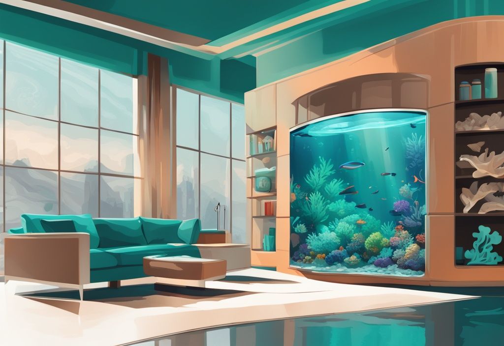 Modern digital painting of a high-tech aquarium wave maker in a vibrant teal-themed aquarium with colorful aquatic life.