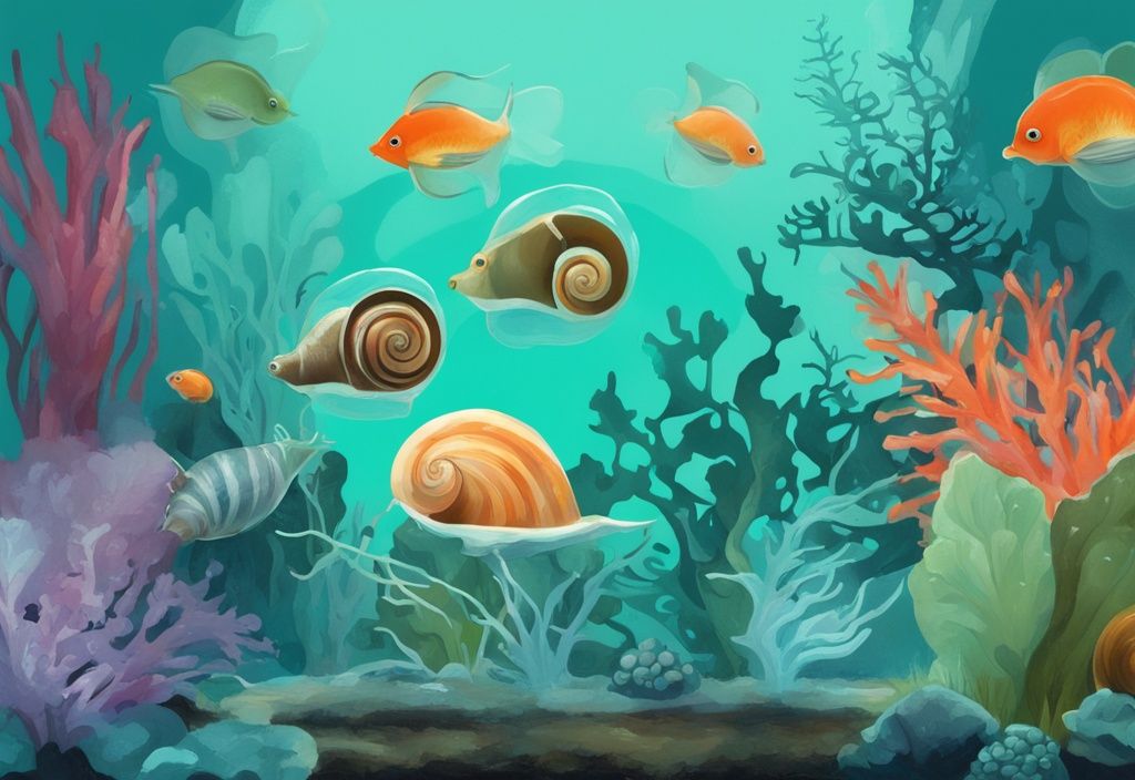 Modern digital painting of teal-themed aquarium scene with snails eating algae, blanched vegetables, and fish food.