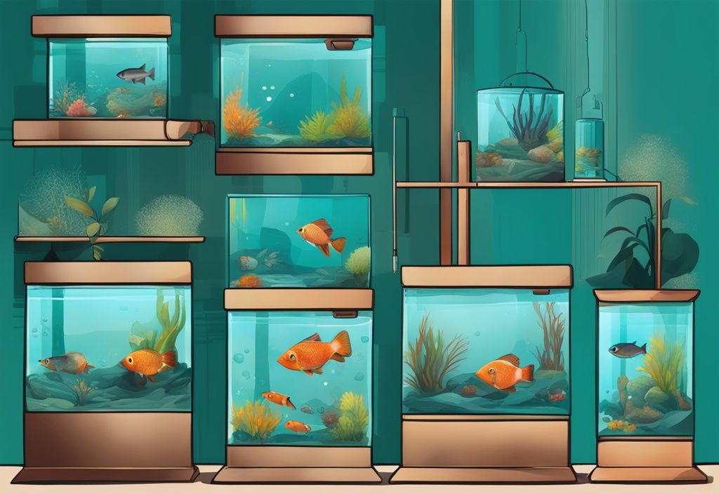 Modern digital painting illustration featuring 7 best 5 gallon fish tanks with vibrant, colorful fish in a teal-themed design.