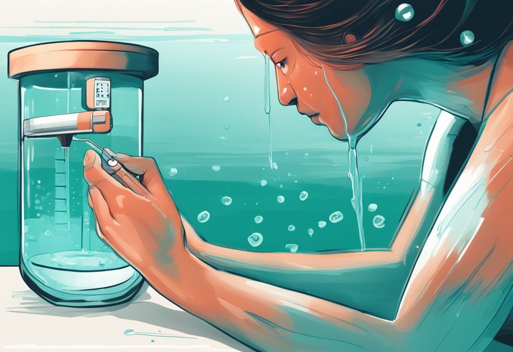 Modern digital painting illustrating a hand-held pH meter in aquarium water, showcasing the process of how to raise pH in aquarium with teal color theme.