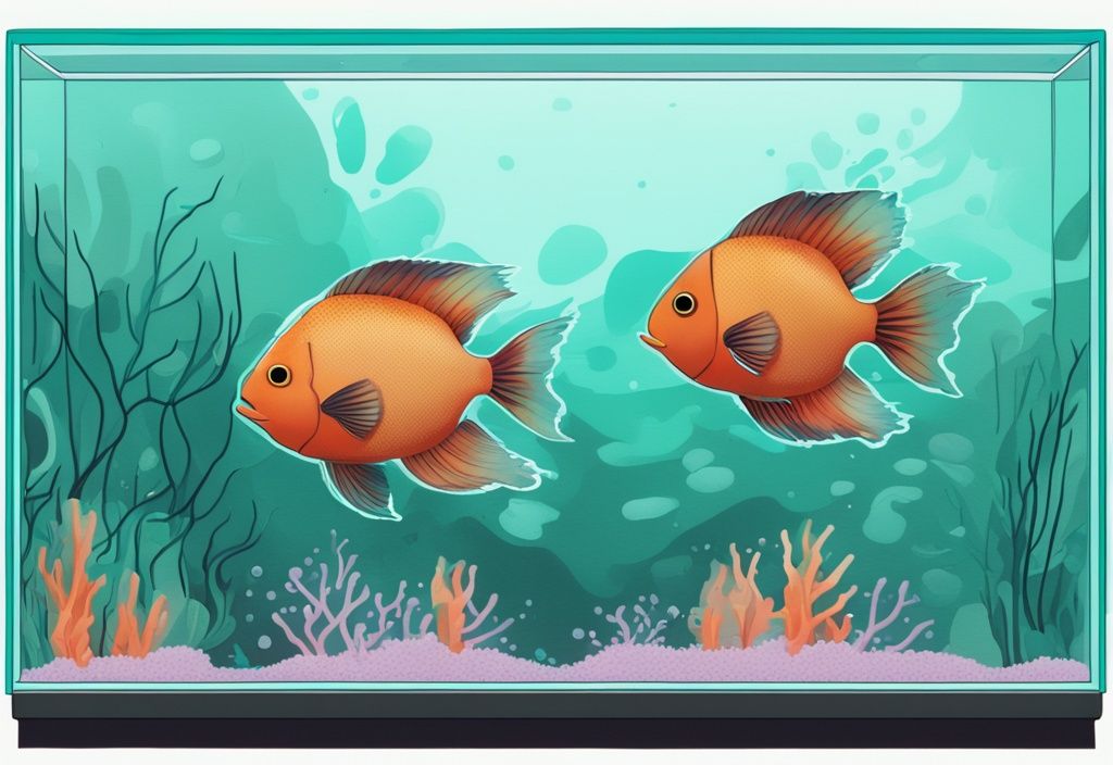 Modern digital painting of a teal-themed fish tank with biofilm on the surface and tropical fish swimming below.