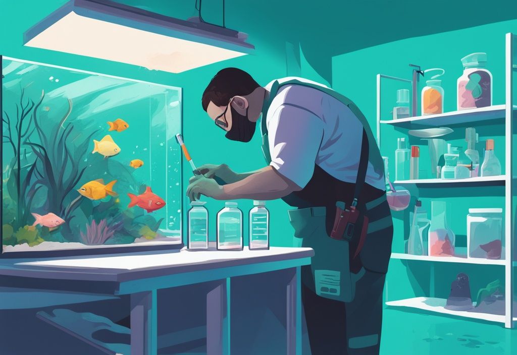 Aquarium caretaker adding pH buffer solution with maintenance tools and testing kits in teal-themed digital painting illustration.