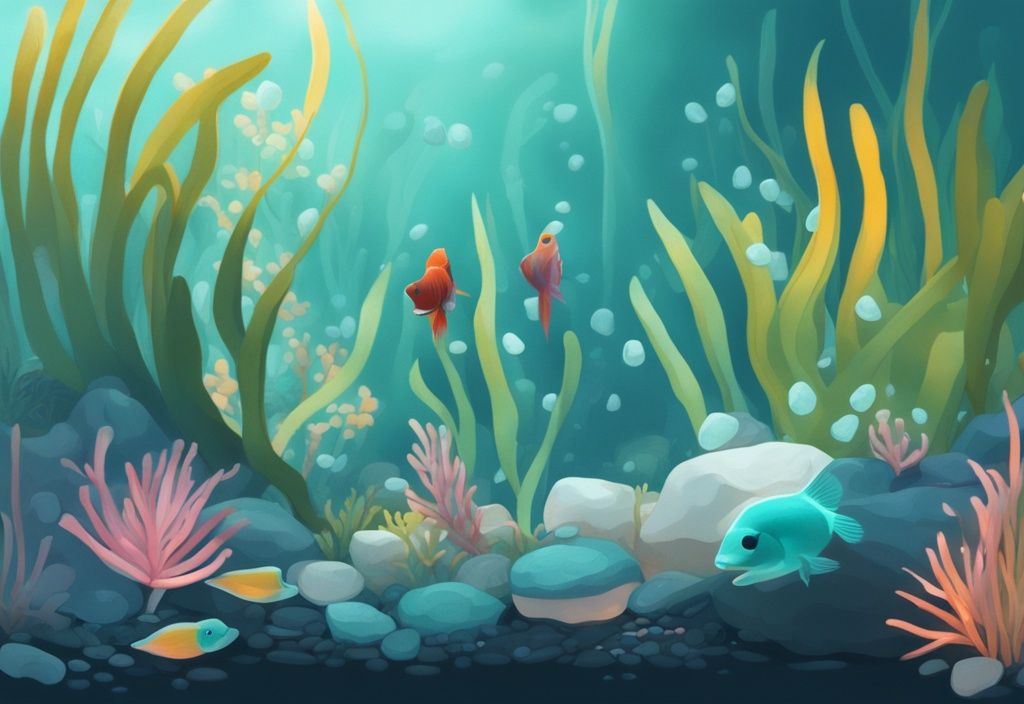 Modern digital painting of a teal-themed aquarium with tiny white worms among colorful aquatic plants and pebbles.